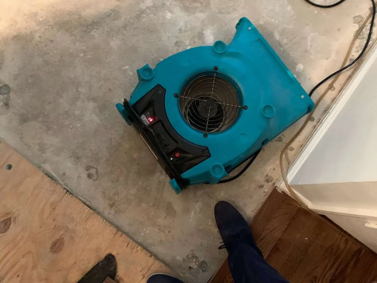 Air mover drying subfloor during Leak Detection & Repair in Gladstone